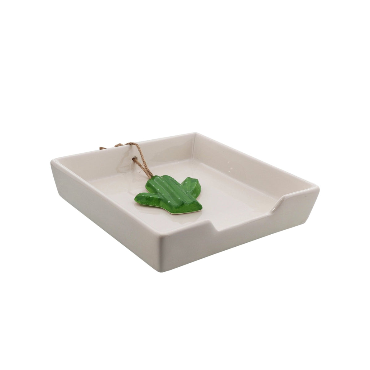 White Ceramic Napkin Holder with Cactus Weight
