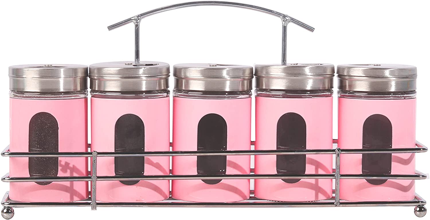 5 Spice Jars Pink Glass & Metal Jars S & P Shakers Metal Carrier