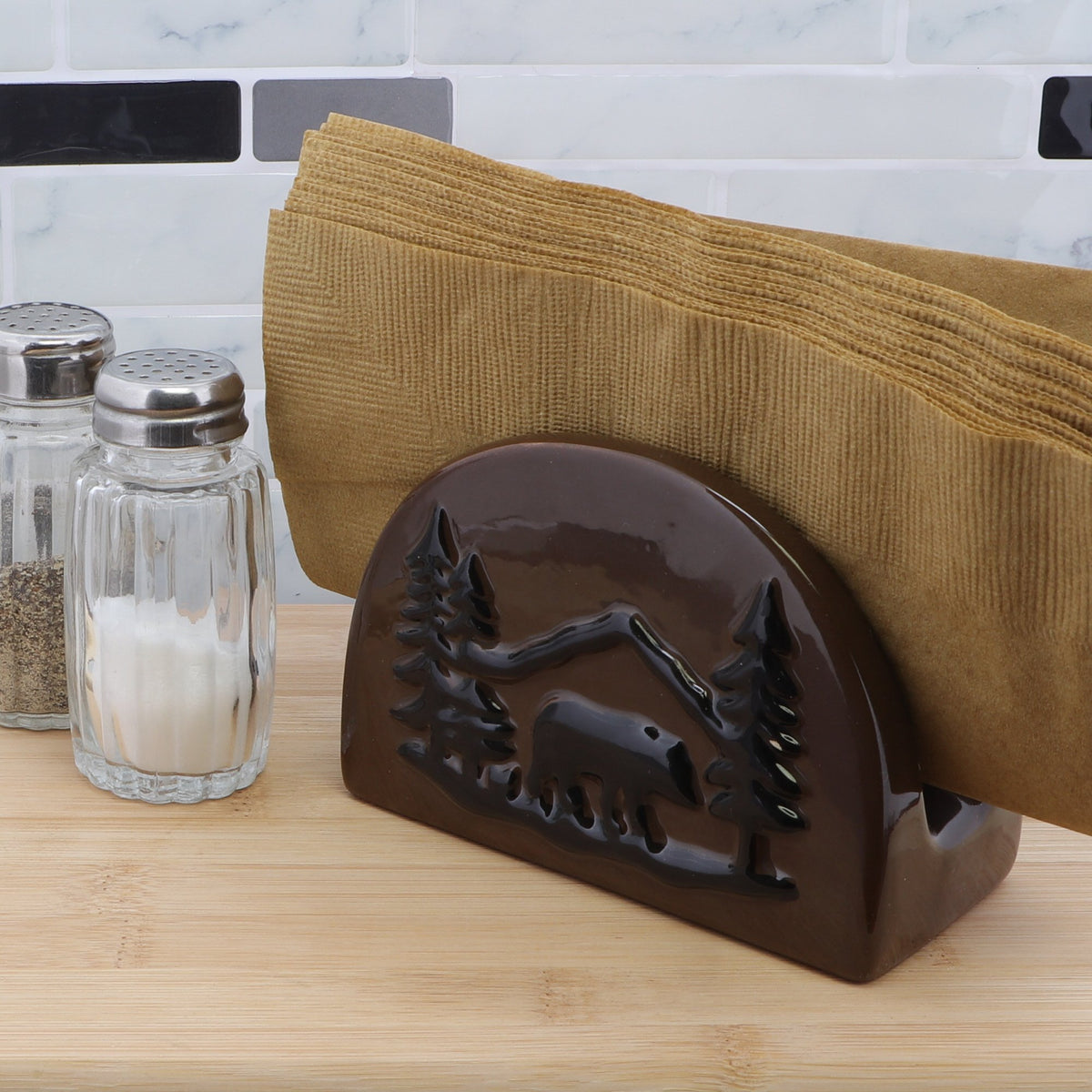 Ceramic Brown Napkin Holder with Embossed Black Bear Design