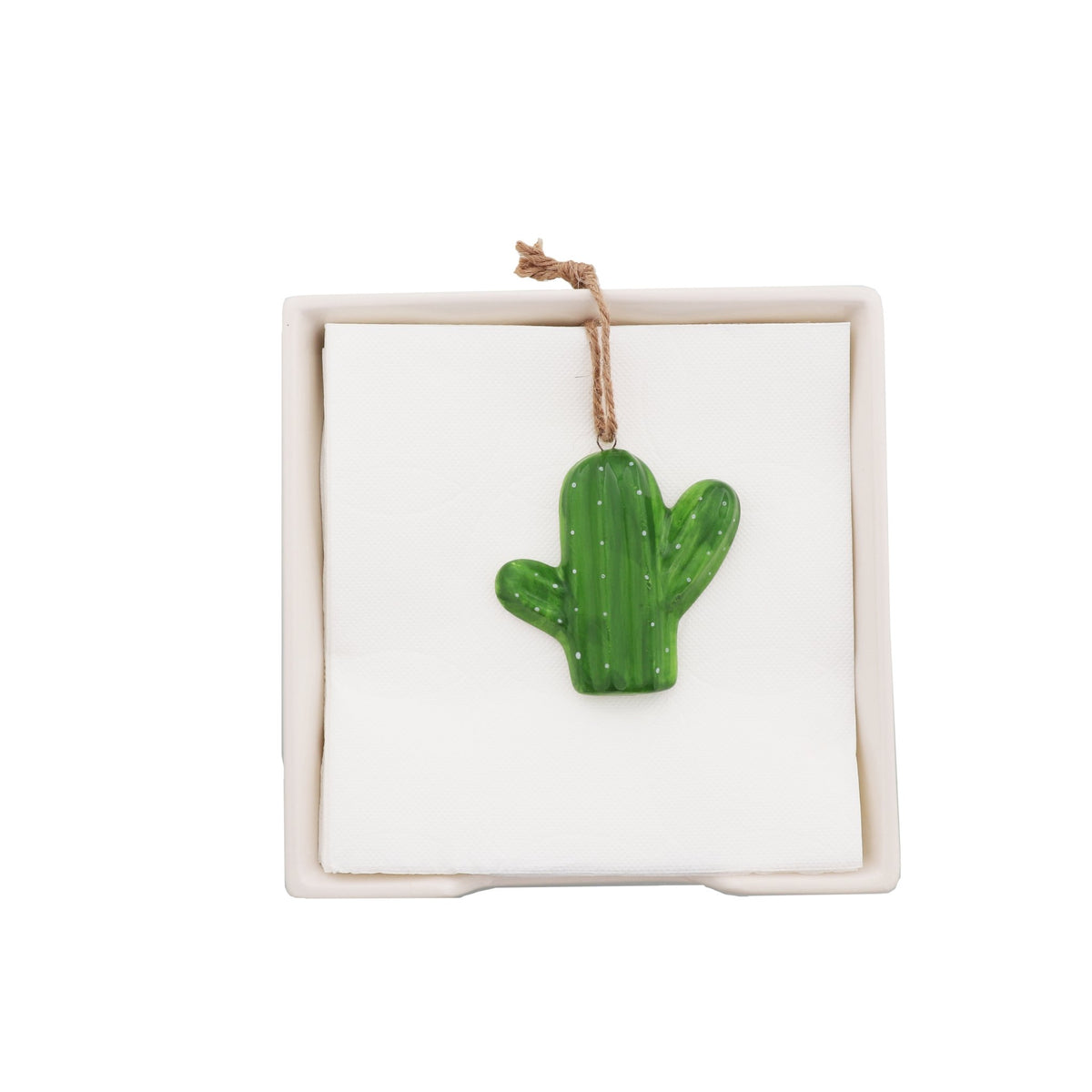 White Ceramic Napkin Holder with Cactus Weight