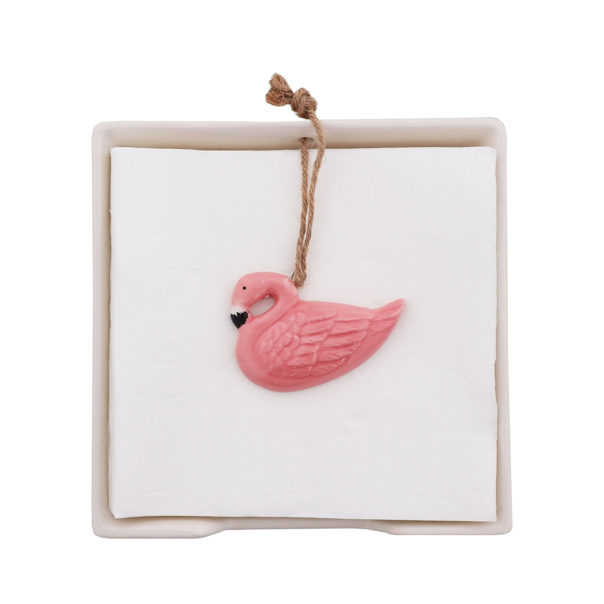 White Ceramic Napkin Holder with Flamingo Weight