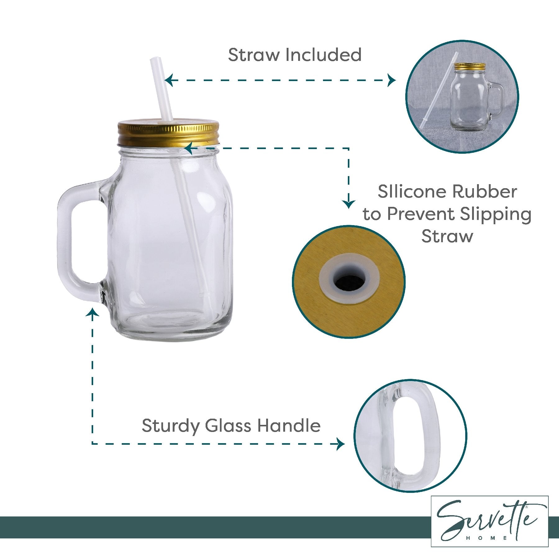 Servette Home Mason Glass Jar Drinking Glasses with Handles & Copper Lid -  Set of 2 